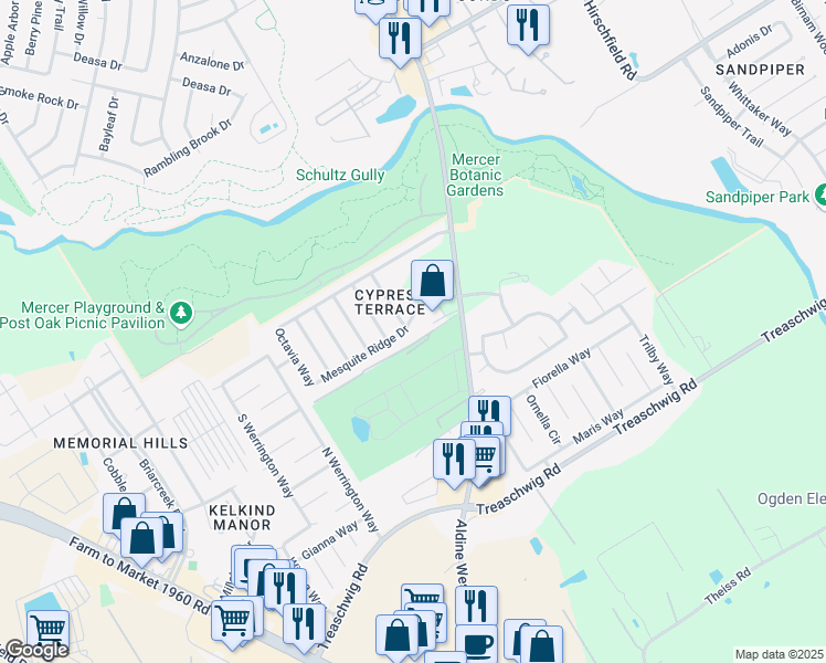 map of restaurants, bars, coffee shops, grocery stores, and more near 2830 Mesquite Ridge Drive in Houston