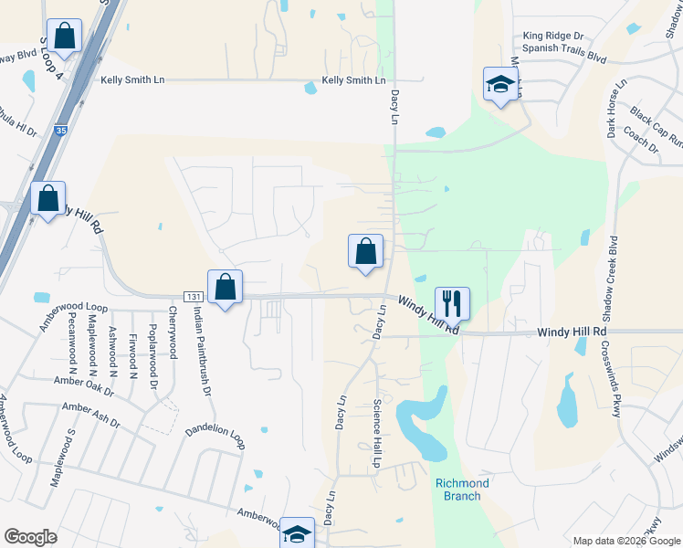 map of restaurants, bars, coffee shops, grocery stores, and more near 5234 Dacy Lane in Buda