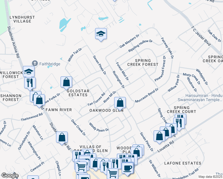 map of restaurants, bars, coffee shops, grocery stores, and more near 6811 Ten Curves Road in Spring