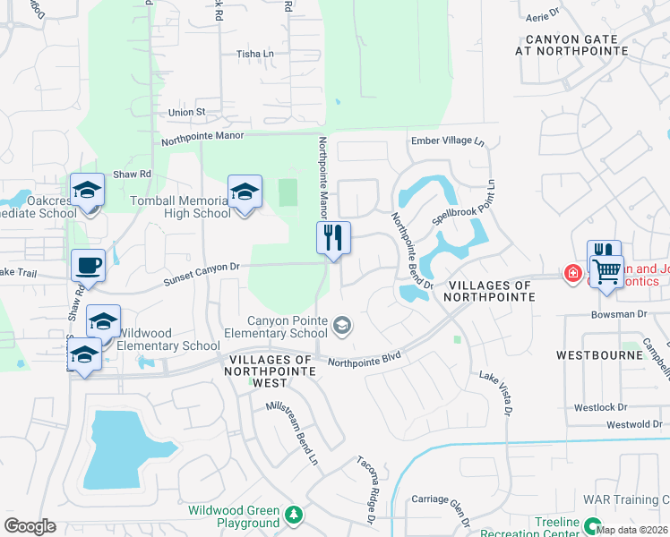 map of restaurants, bars, coffee shops, grocery stores, and more near 19007 Rustling Ridge Drive in Tomball