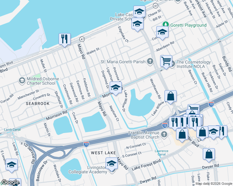 map of restaurants, bars, coffee shops, grocery stores, and more near 7900 Morrison Road in New Orleans