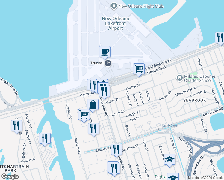 map of restaurants, bars, coffee shops, grocery stores, and more near 5918 Hayne Boulevard in New Orleans