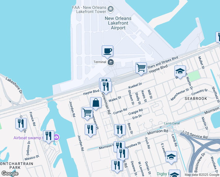 map of restaurants, bars, coffee shops, grocery stores, and more near 5918 Hayne Boulevard in New Orleans