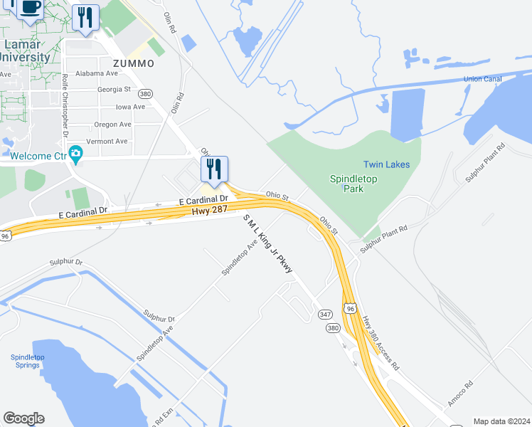 map of restaurants, bars, coffee shops, grocery stores, and more near 1915 Spindletop Avenue in Beaumont