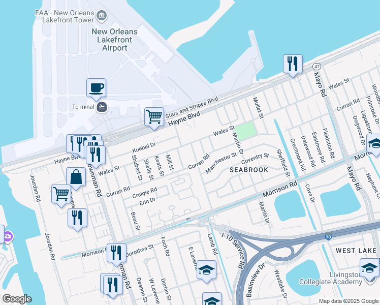 map of restaurants, bars, coffee shops, grocery stores, and more near 7810 New Castle Street in New Orleans