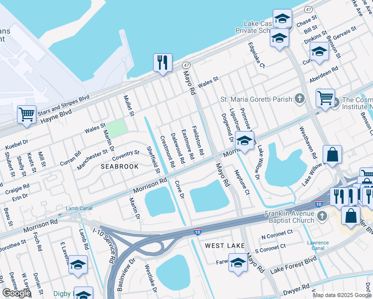 map of restaurants, bars, coffee shops, grocery stores, and more near 7420 Eastmore Road in New Orleans