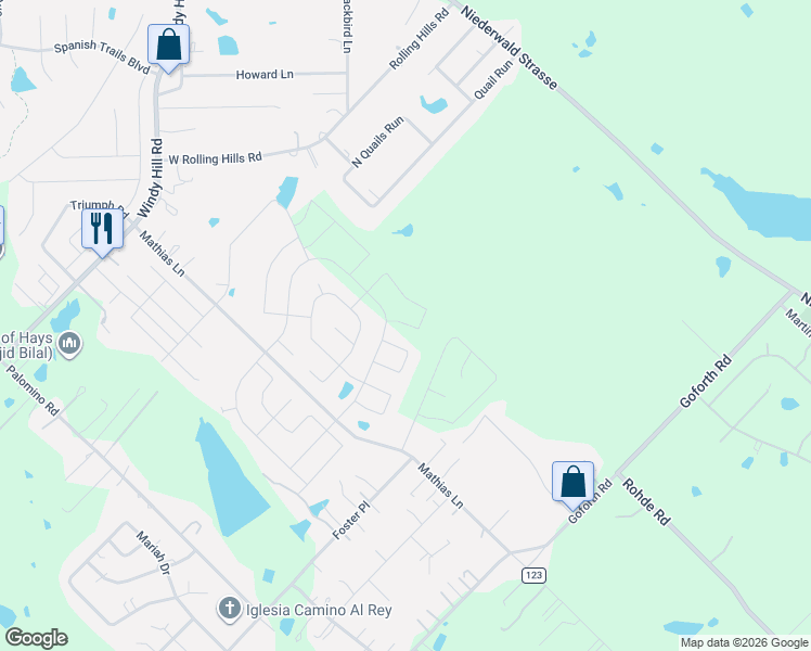 map of restaurants, bars, coffee shops, grocery stores, and more near 1001 Mathias Lane in Kyle