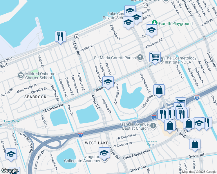 map of restaurants, bars, coffee shops, grocery stores, and more near 7900 Morrison Road in New Orleans