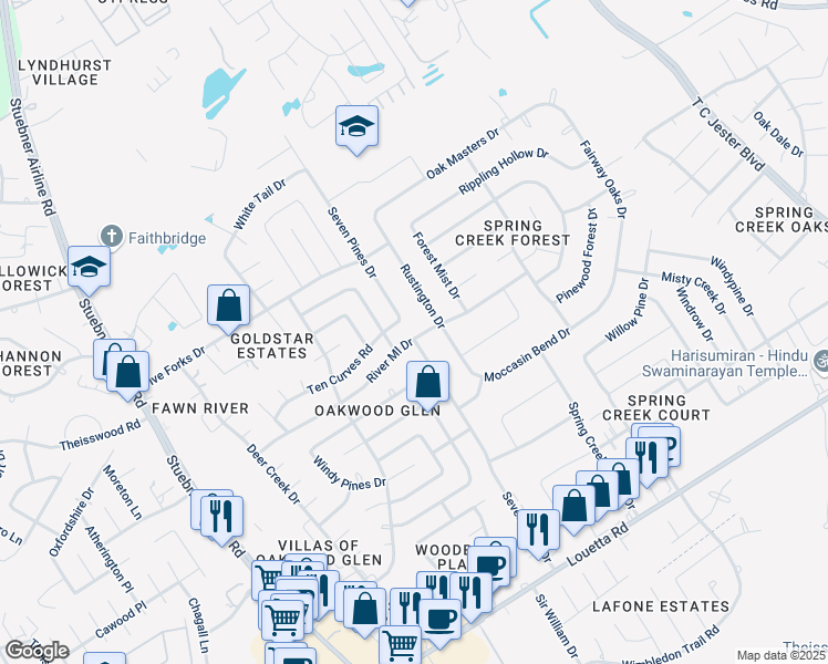 map of restaurants, bars, coffee shops, grocery stores, and more near 6811 Ten Curves Road in Spring