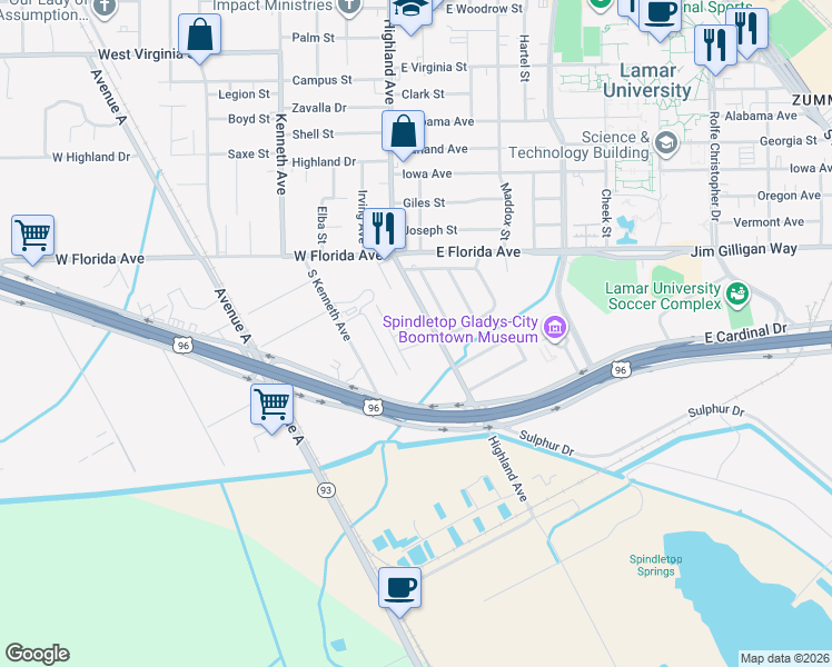map of restaurants, bars, coffee shops, grocery stores, and more near 535 Hillebrandt St in Beaumont