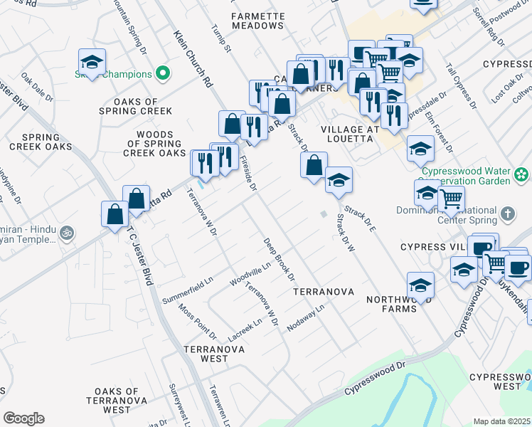map of restaurants, bars, coffee shops, grocery stores, and more near 18111 Fireside Drive in Spring
