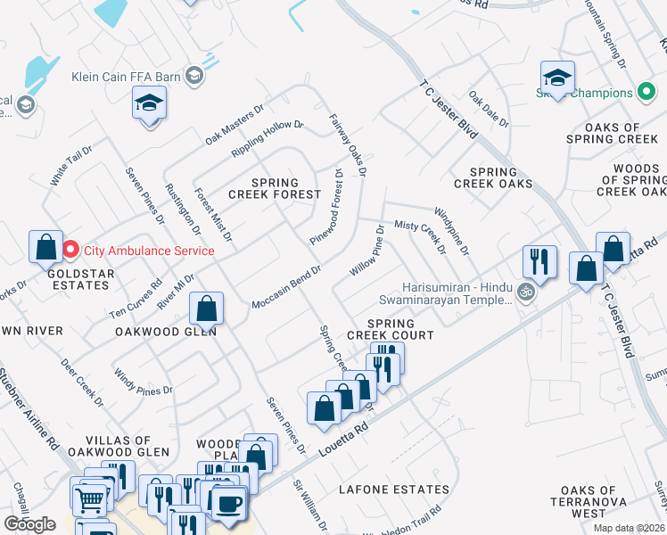 map of restaurants, bars, coffee shops, grocery stores, and more near 6419 Moccasin Bend Drive in Spring