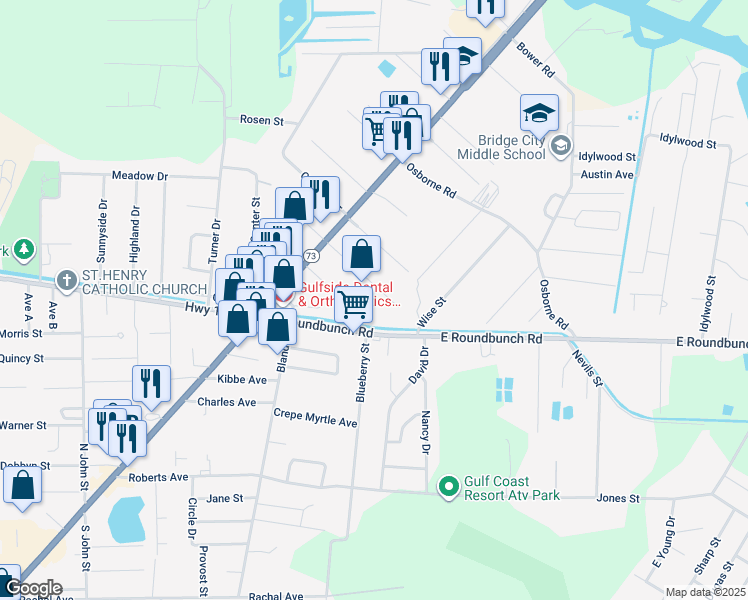 map of restaurants, bars, coffee shops, grocery stores, and more near 230 East Darby Street in Bridge City