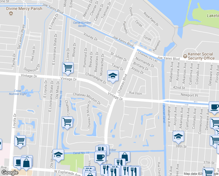 map of restaurants, bars, coffee shops, grocery stores, and more near 933 Champagne Drive in Kenner