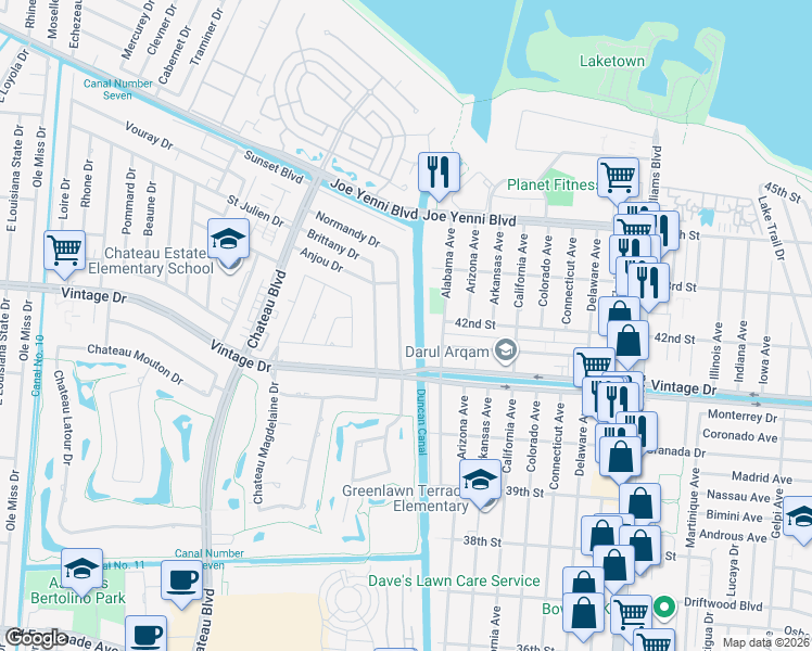 map of restaurants, bars, coffee shops, grocery stores, and more near 20 Normandy Drive in Kenner