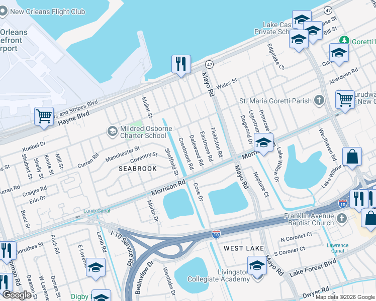 map of restaurants, bars, coffee shops, grocery stores, and more near 7451 Crestmont Road in New Orleans