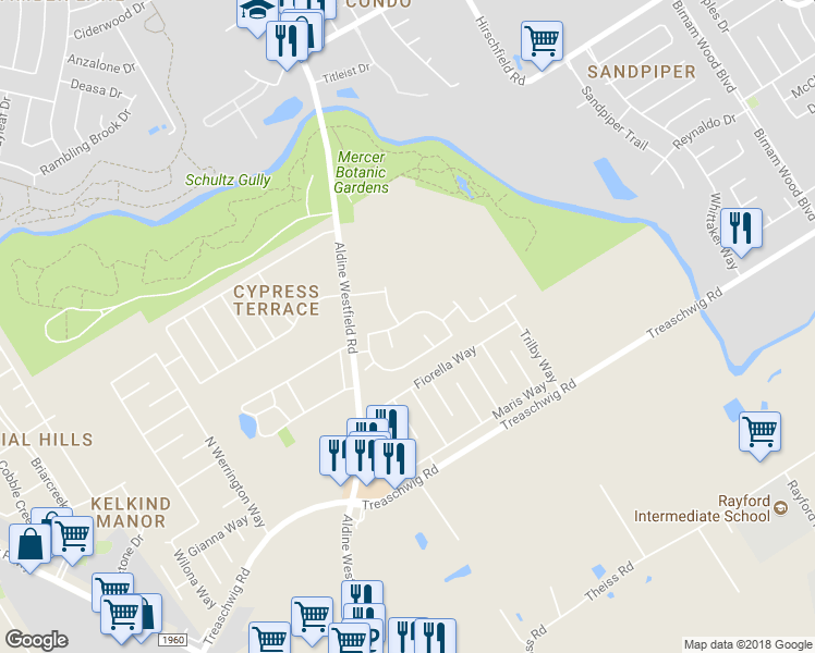 map of restaurants, bars, coffee shops, grocery stores, and more near 3406 Bluebird Park Lane in Humble