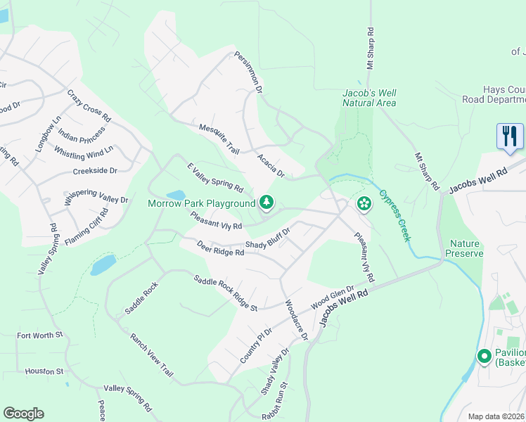 map of restaurants, bars, coffee shops, grocery stores, and more near 6 East Valley Spring Road in Wimberley
