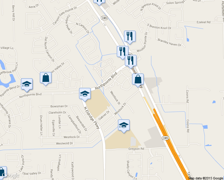 map of restaurants, bars, coffee shops, grocery stores, and more near 18350 Westlock Street in Tomball