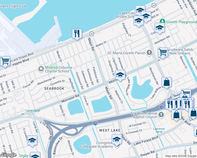 map of restaurants, bars, coffee shops, grocery stores, and more near 7341 Fieldston Road in New Orleans