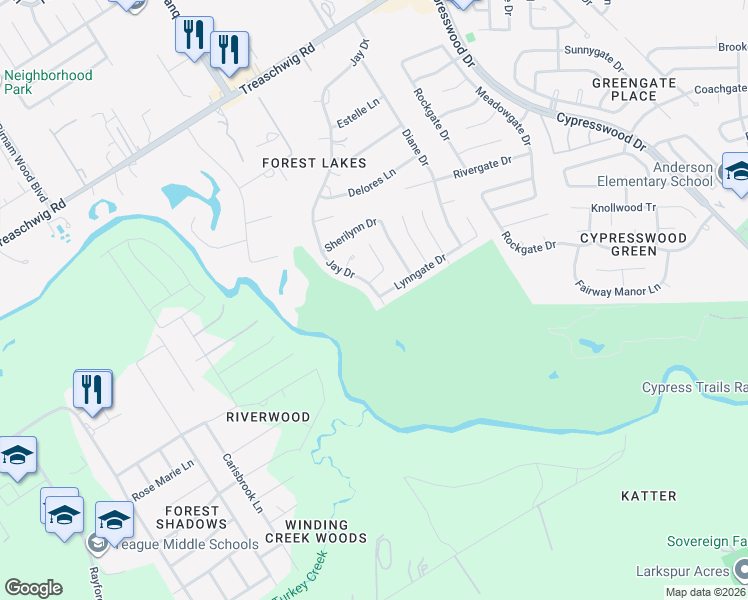 map of restaurants, bars, coffee shops, grocery stores, and more near 22103 Jay Drive in Spring