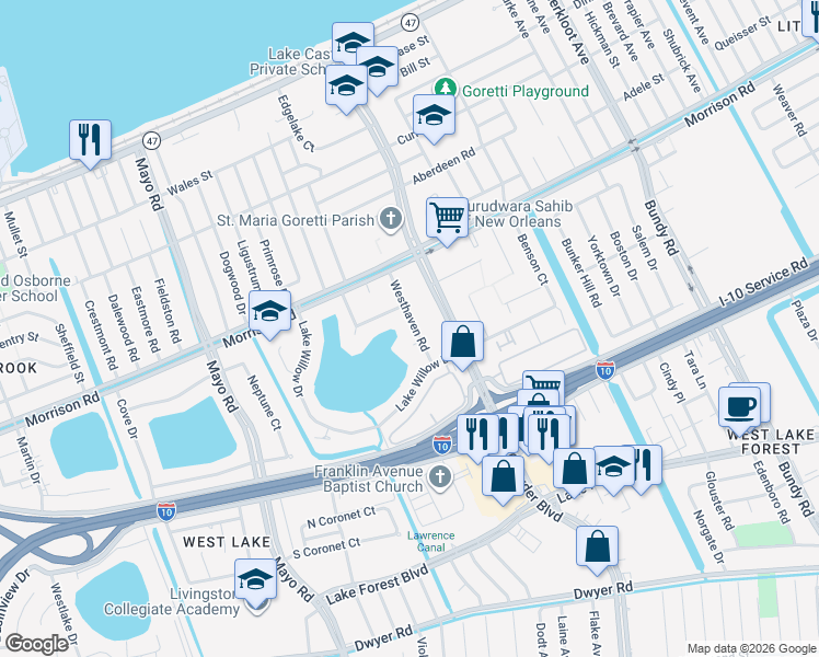 map of restaurants, bars, coffee shops, grocery stores, and more near 7146 Westhaven Road in New Orleans