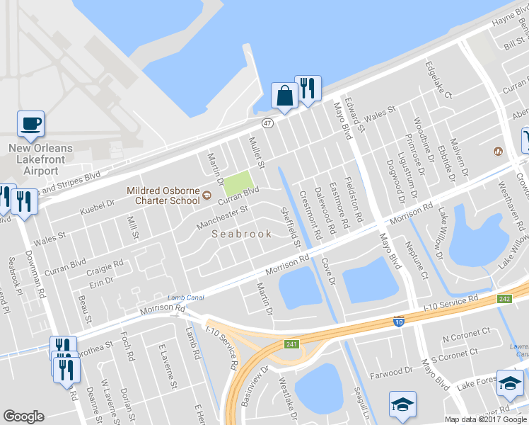 map of restaurants, bars, coffee shops, grocery stores, and more near 6931 Coventry Street in New Orleans