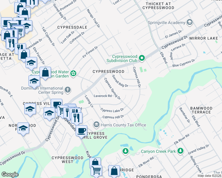 map of restaurants, bars, coffee shops, grocery stores, and more near 17615 Cypress Spring Drive in Spring