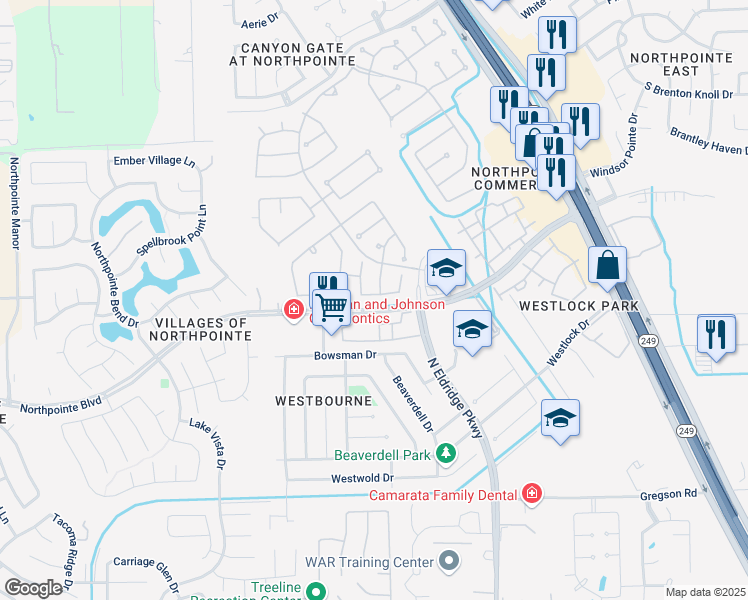 map of restaurants, bars, coffee shops, grocery stores, and more near 19007 Canyon Rose Drive in Tomball
