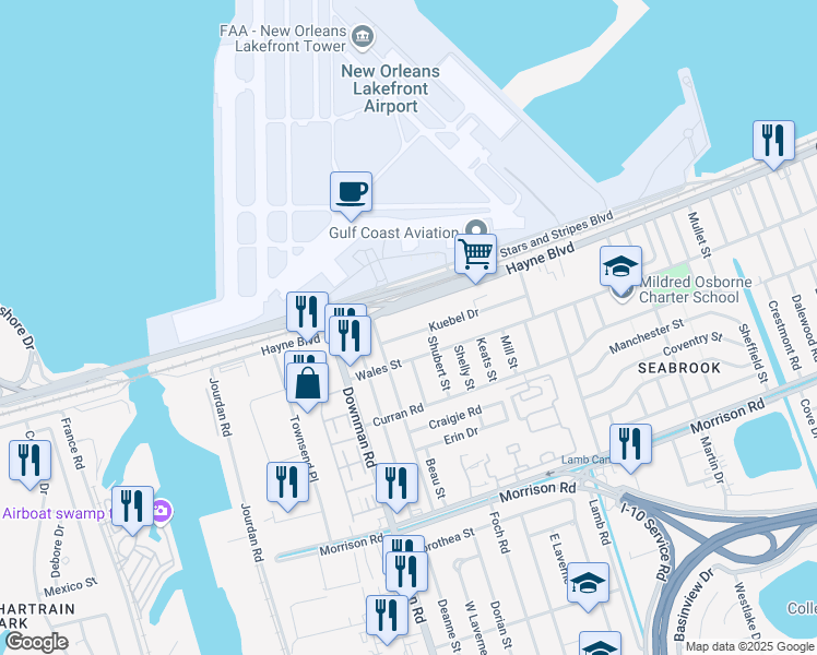 map of restaurants, bars, coffee shops, grocery stores, and more near 6047 Kuebel Dr in New Orleans