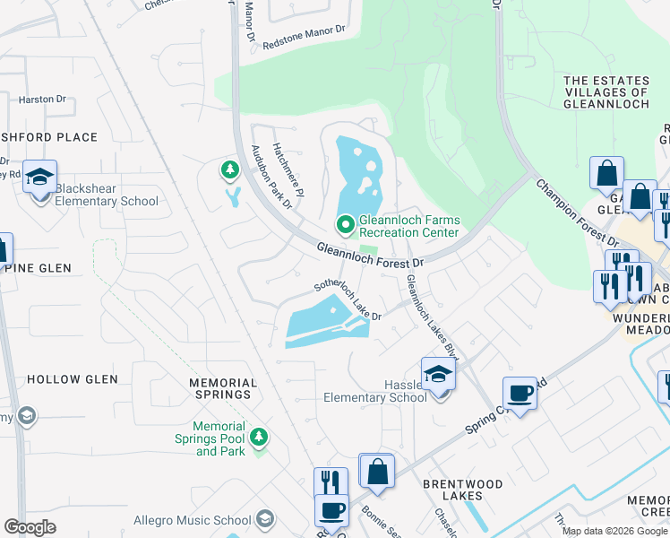 map of restaurants, bars, coffee shops, grocery stores, and more near 1307 Richlawn Drive in Spring