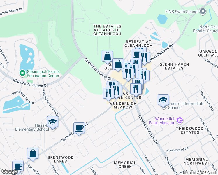map of restaurants, bars, coffee shops, grocery stores, and more near 18618 Copano Lane in Spring