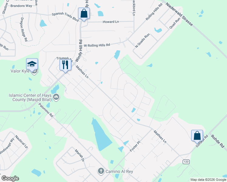 map of restaurants, bars, coffee shops, grocery stores, and more near 600 Mathias Lane in Kyle