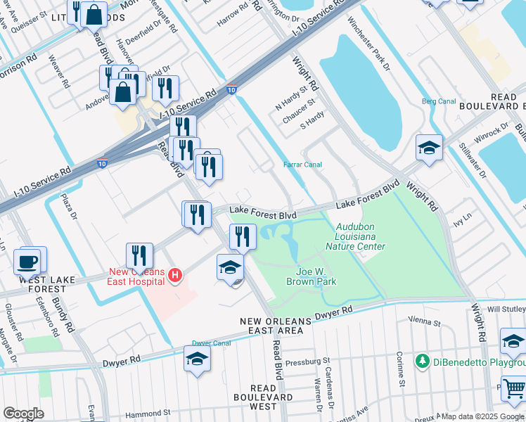 map of restaurants, bars, coffee shops, grocery stores, and more near Lake Forest Boulevard in New Orleans