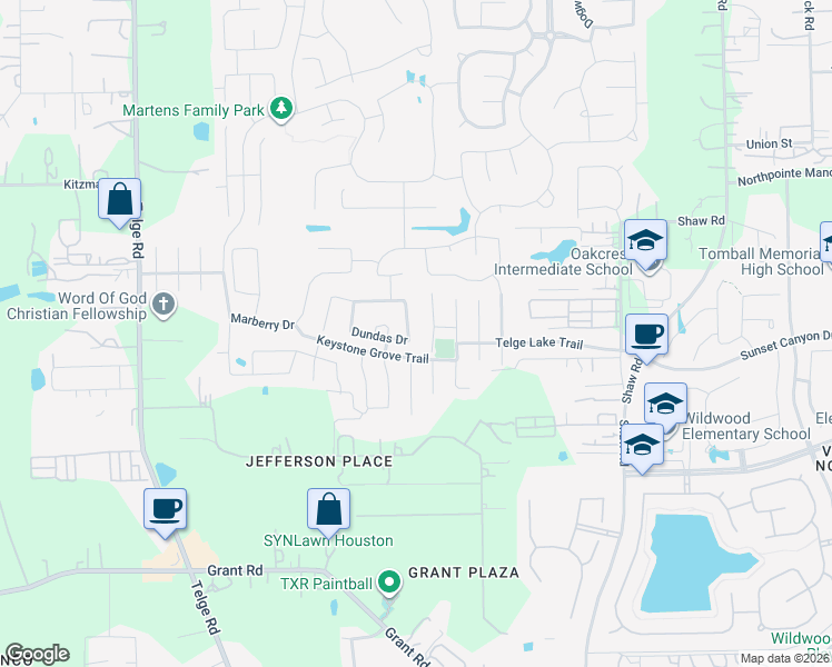 map of restaurants, bars, coffee shops, grocery stores, and more near 18006 Heartsong Drive in Harris County