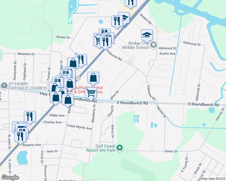 map of restaurants, bars, coffee shops, grocery stores, and more near 2100 Wise Street in Bridge City