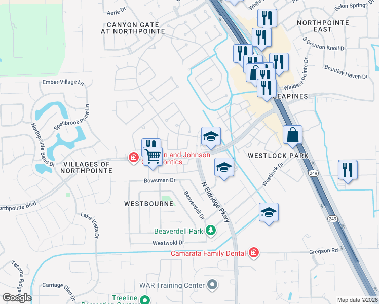 map of restaurants, bars, coffee shops, grocery stores, and more near 12023 Sun Canyon Court in Tomball