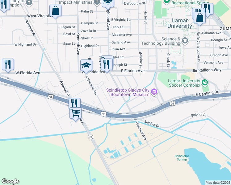 map of restaurants, bars, coffee shops, grocery stores, and more near 535 Hillebrandt Street in Beaumont