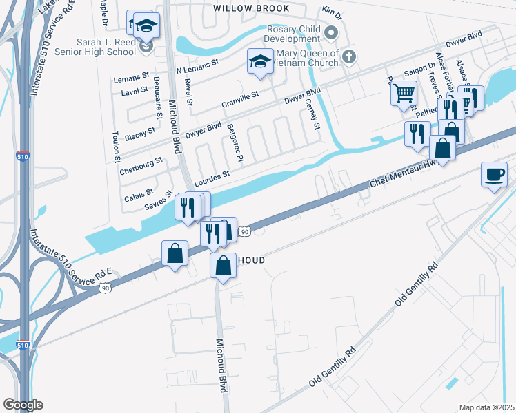 map of restaurants, bars, coffee shops, grocery stores, and more near 13501 Chef Menteur Highway in New Orleans