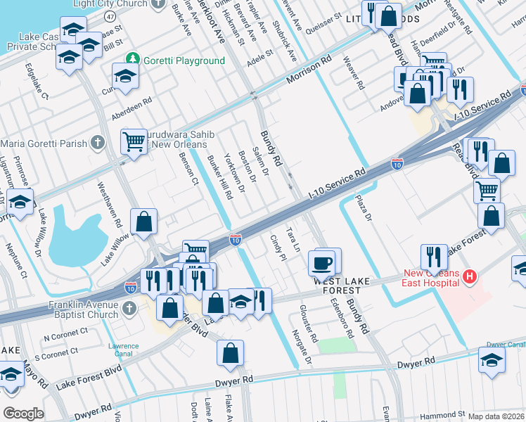 map of restaurants, bars, coffee shops, grocery stores, and more near 8902 Bunker Hill Road in New Orleans