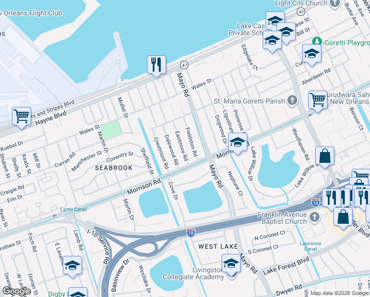map of restaurants, bars, coffee shops, grocery stores, and more near 7420 Eastmore Road in New Orleans