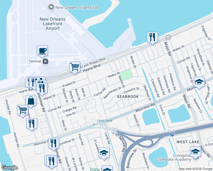 map of restaurants, bars, coffee shops, grocery stores, and more near 6621 Curran Boulevard in New Orleans