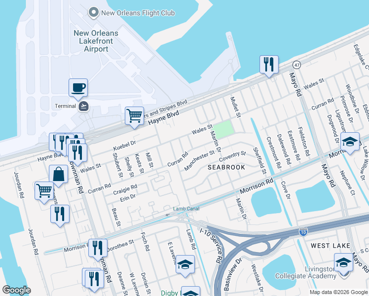 map of restaurants, bars, coffee shops, grocery stores, and more near 6621 Curran Boulevard in New Orleans