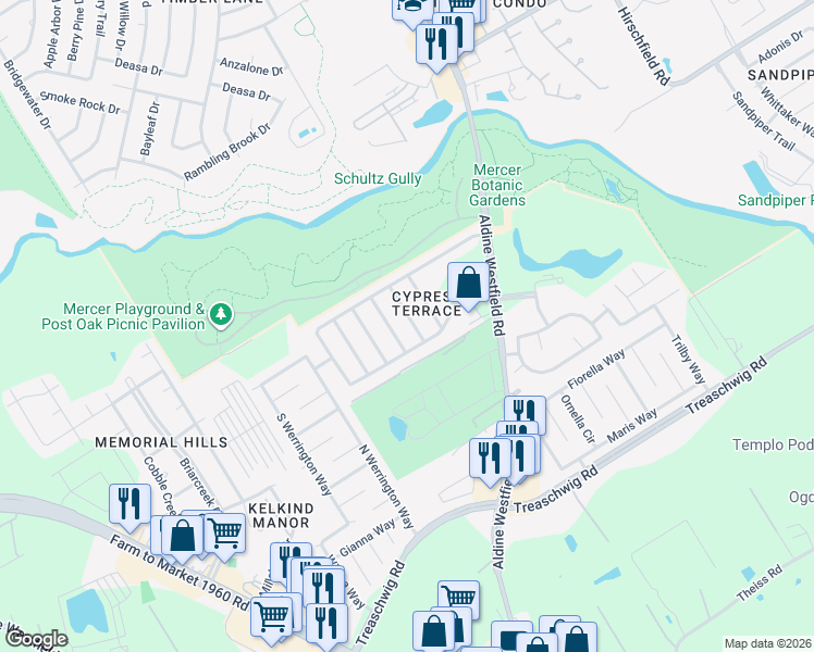 map of restaurants, bars, coffee shops, grocery stores, and more near 21823 Siberian Elm Lane in Houston