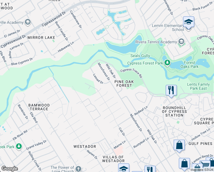 map of restaurants, bars, coffee shops, grocery stores, and more near 18219 Mossforest Drive in Houston