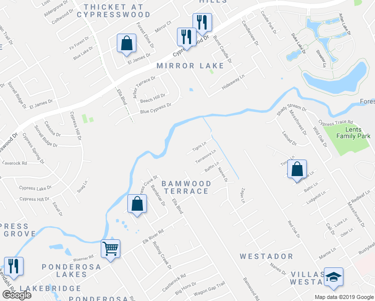 map of restaurants, bars, coffee shops, grocery stores, and more near 1119 Tigris Lane in Houston