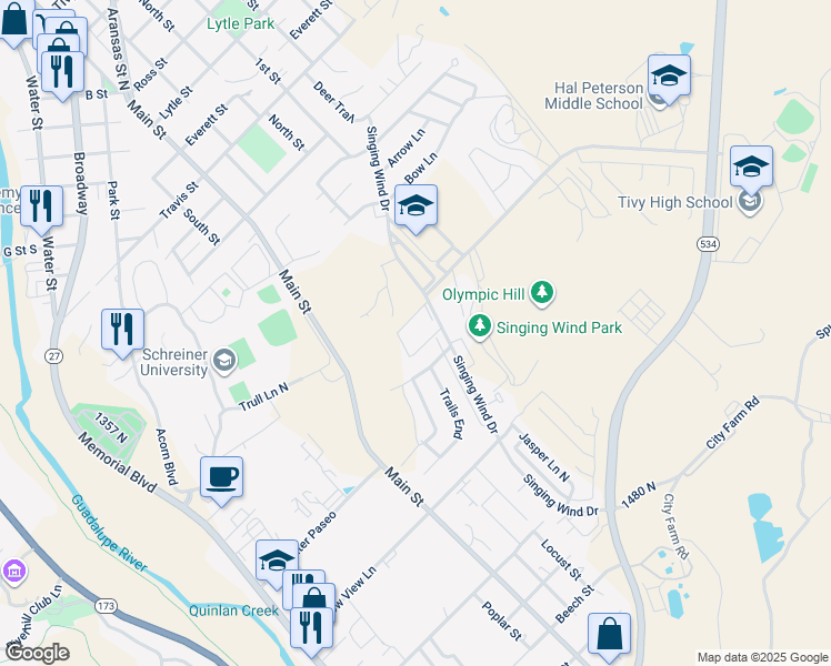 map of restaurants, bars, coffee shops, grocery stores, and more near 2105 Singing Wind Drive in Kerrville