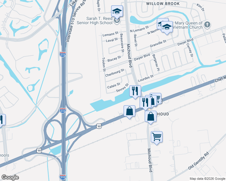 map of restaurants, bars, coffee shops, grocery stores, and more near 13027 Sevres Street in New Orleans