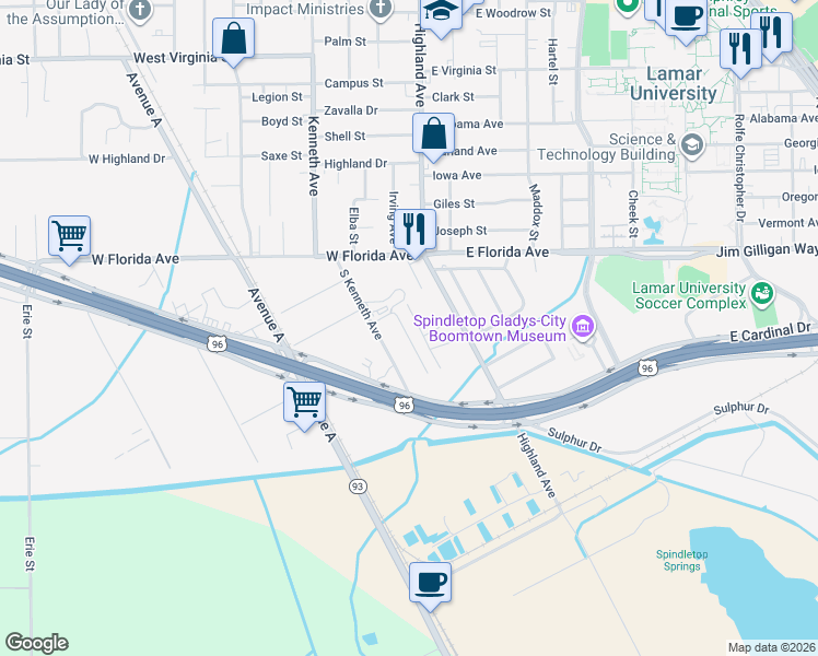 map of restaurants, bars, coffee shops, grocery stores, and more near 5495 Winfree Street in Beaumont