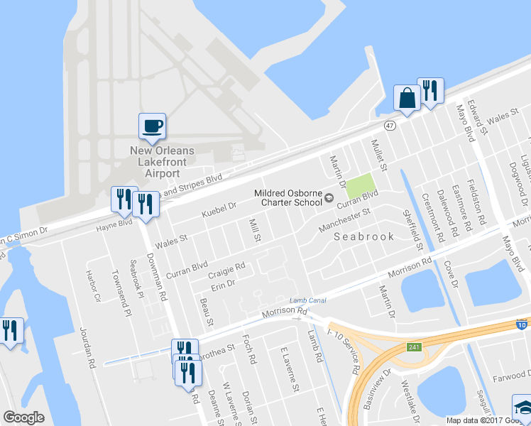 map of restaurants, bars, coffee shops, grocery stores, and more near 7842 Henley Street in New Orleans